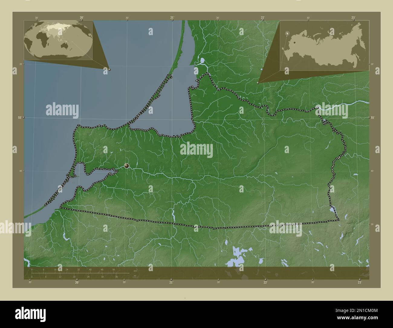 Kaliningrad, regione della Russia. Mappa dell'altitudine colorata in stile wiki con laghi e fiumi. Mappe delle posizioni ausiliarie degli angoli Foto Stock