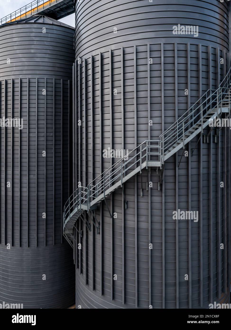 Primo piano di serbatoi industriali o silos di grandi dimensioni nel settore petrolchimico o agricolo con scale a pioli esterne per l'accesso con spac copia Foto Stock