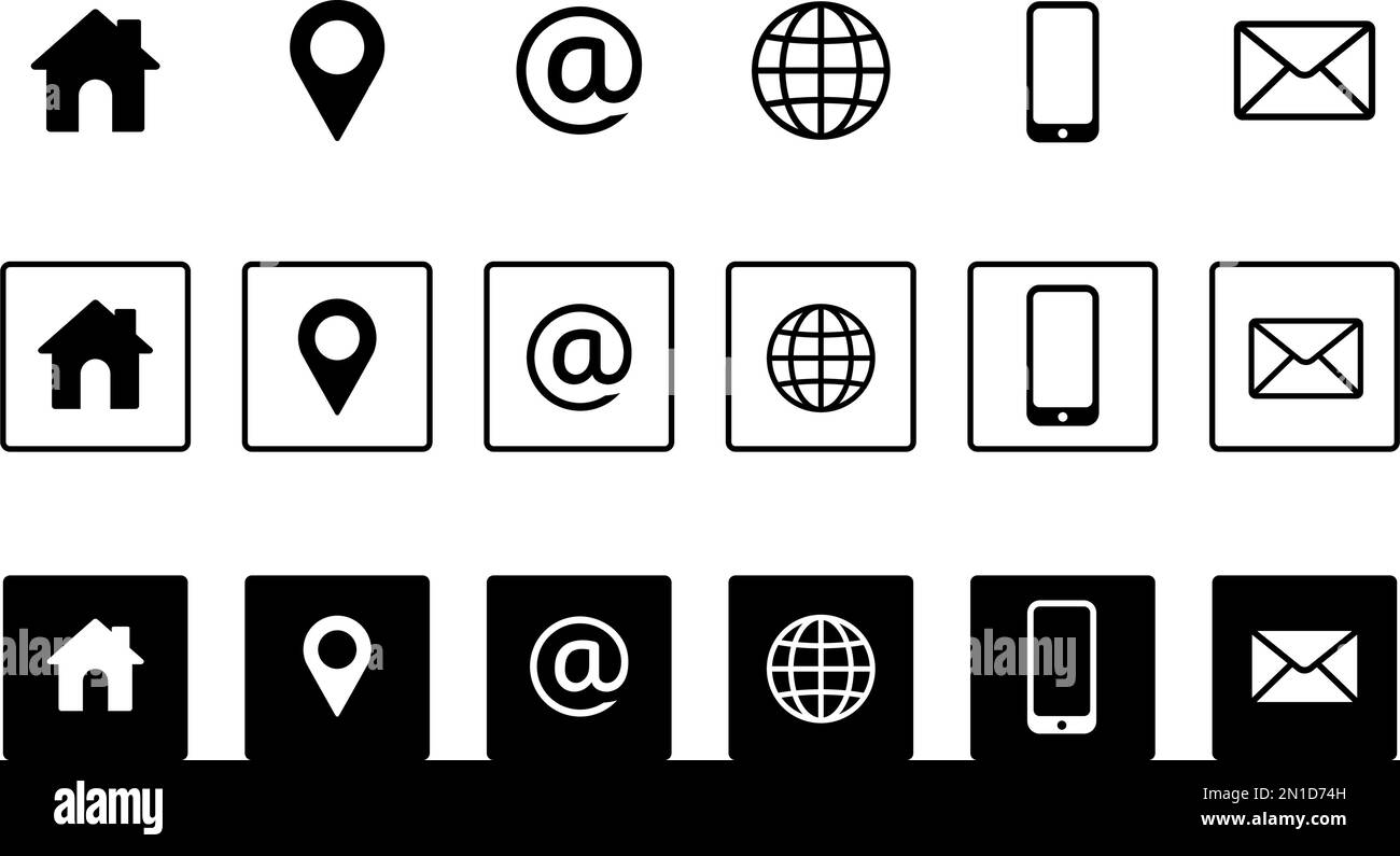 Gruppo di icone Business Contact US. Stile pulsante quadrato. Illustrazione vettoriale Illustrazione Vettoriale