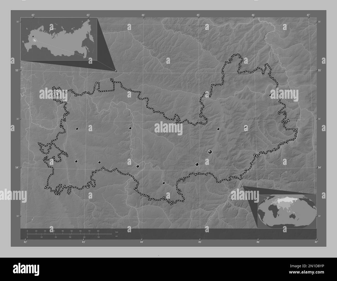 Mordovia, repubblica di Russia. Mappa in scala di grigi con laghi e fiumi. Posizioni delle principali città della regione. Mappe delle posizioni ausiliarie degli angoli Foto Stock