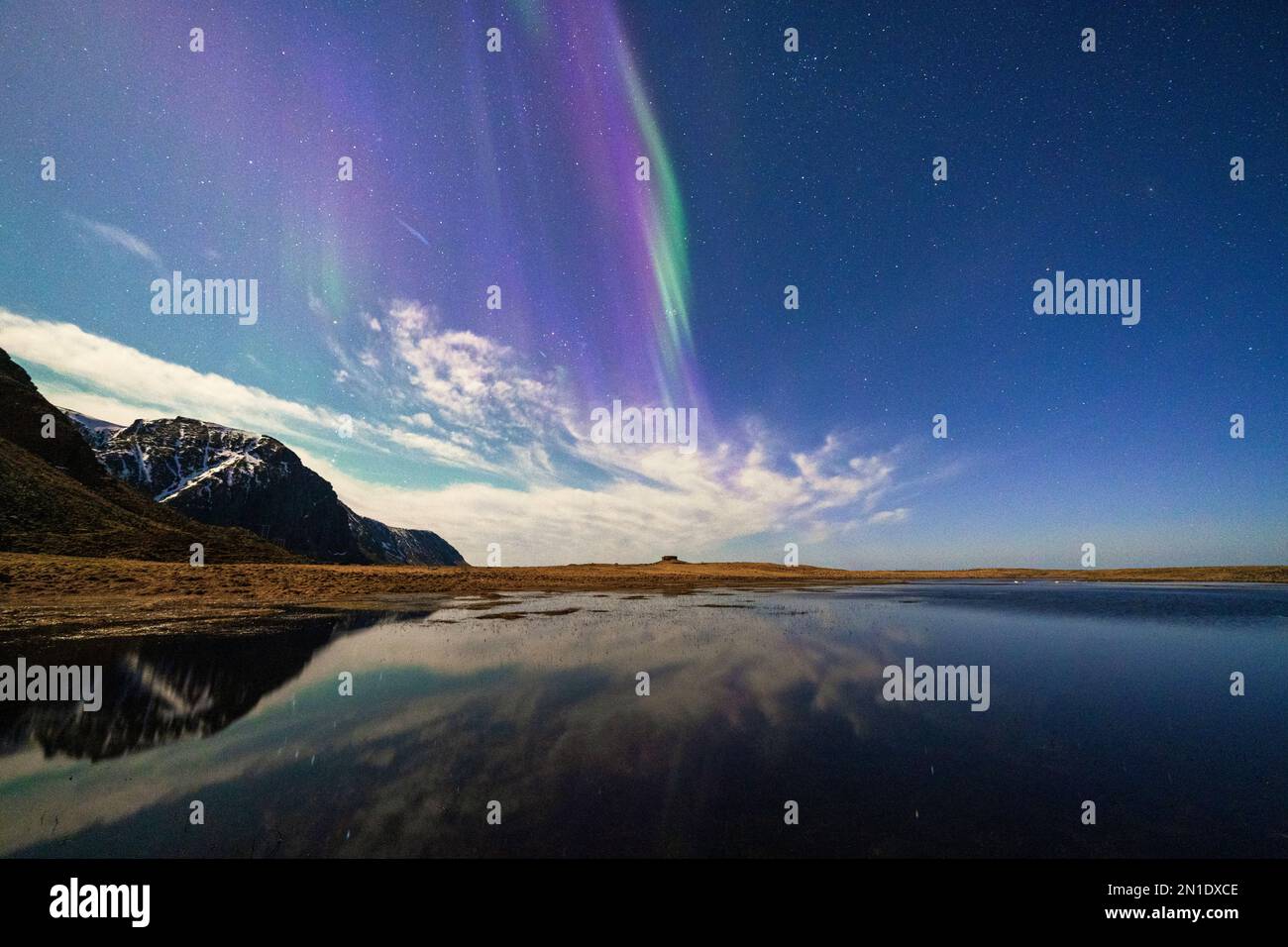 Il cielo multicolore dell'aurora boreale (Aurora borealis) riflesso nel mare freddo, Eggum, Vestvagoy, contea di Nordland, Isole Lofoten, Norvegia, Scandinavia Foto Stock