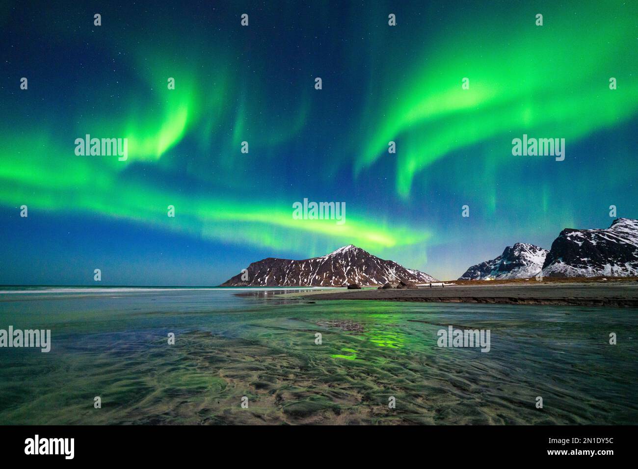 Spiaggia di Skagsanden sotto l'aurora boreale (Aurora borealis) che si riflette nel mare, Ramberg, contea di Nordland, Isole Lofoten, Norvegia Foto Stock