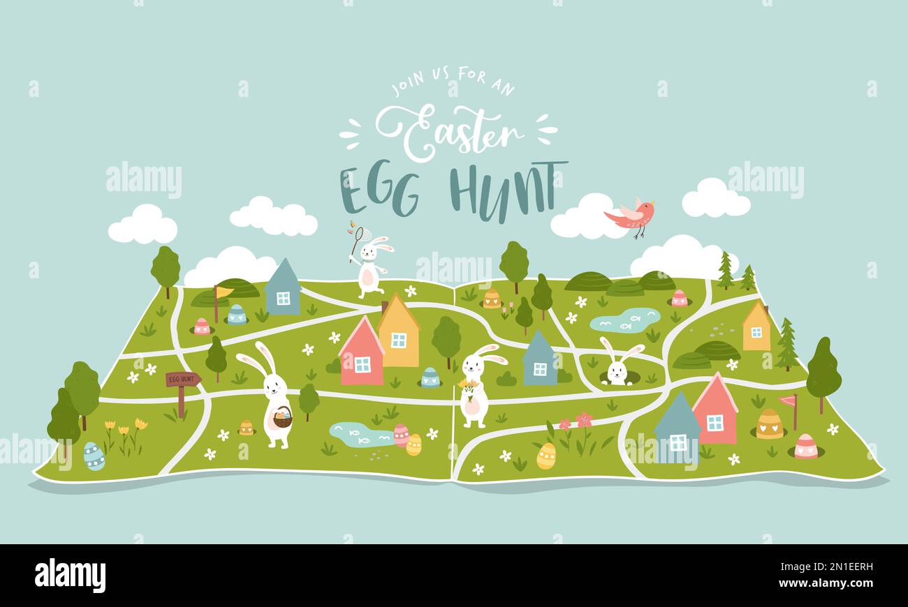 Carino Pasqua Egg caccia disegno, mappa per i bambini, a mano con simpatici coniglietti, uova e decorazioni - grande per inviti, banner, sfondi - vecto Illustrazione Vettoriale