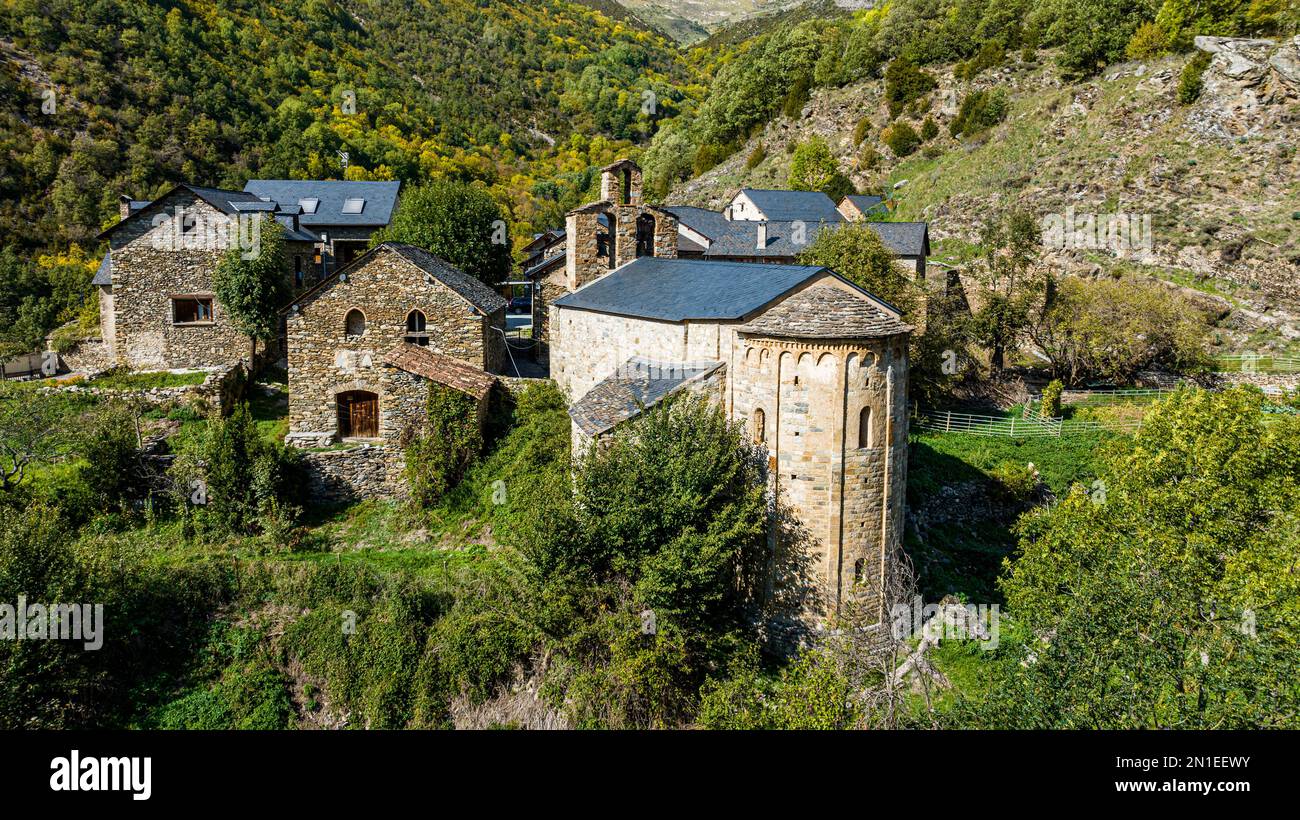 Antenna della chiesa romanica di Santa Maria de Cardet, patrimonio dell'umanità dell'UNESCO, Vall de Boi, Catalogna, Spagna, Europa Foto Stock