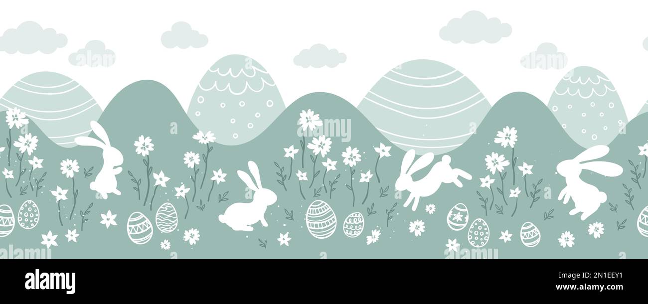 Carino Pasqua Egg caccia disegno, mappa per i bambini, a mano con simpatici coniglietti, uova e decorazioni - grande per inviti, banner, sfondi - vecto Illustrazione Vettoriale
