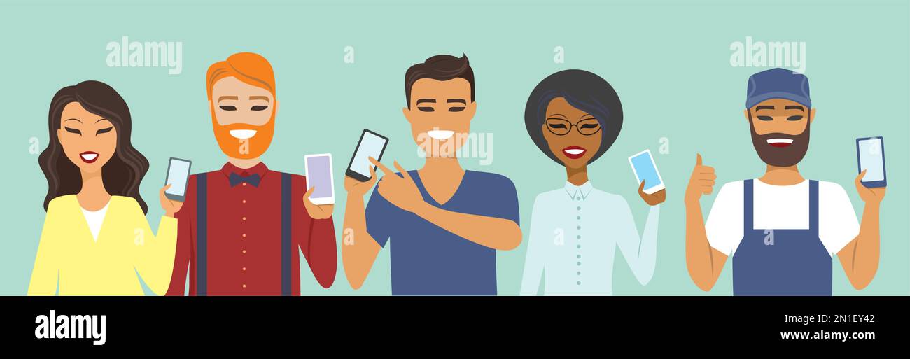 Gruppo multiculturale di giovani che utilizzano gli smartphone Illustrazione Vettoriale