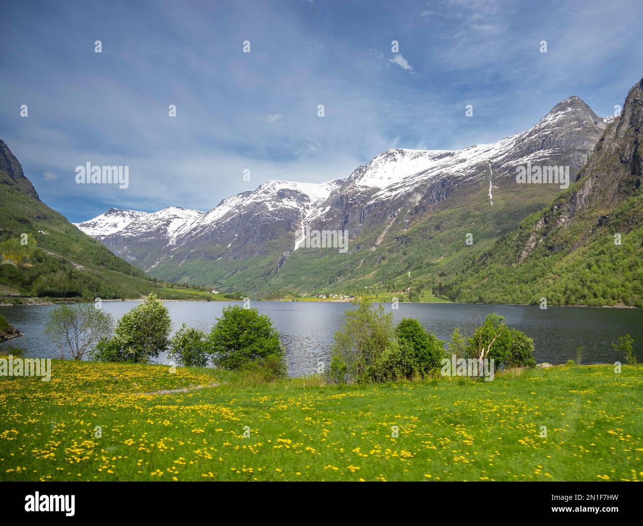 Vista sulle case lungo la riva del lago Oldevatnet, all'interno della valle del fiume Oldedalen, Vestland, Norvegia, Scandinavia, Europa Foto Stock