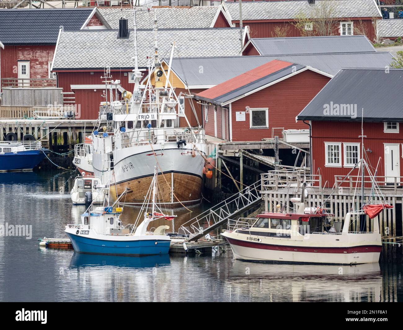 Una vista sulla città di Reine, un villaggio di pescatori a Moskenesoya, nell'arcipelago delle Lofoten, Norvegia, Scandinavia, Europa Foto Stock Una vista sulla città di Reine, un villaggio di pescatori a Moskenesoya, nell'arcipelago delle Lofoten, Norvegia, Scandinavia, Europa Foto Stock