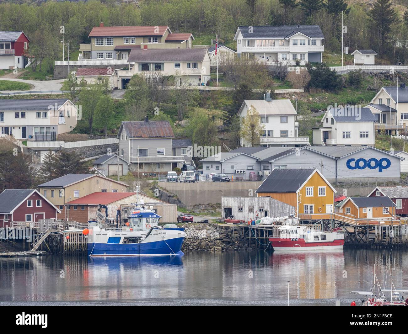 Una vista sulla città di Reine, un villaggio di pescatori a Moskenesoya, nell'arcipelago delle Lofoten, Norvegia, Scandinavia, Europa Foto Stock Una vista sulla città di Reine, un villaggio di pescatori a Moskenesoya, nell'arcipelago delle Lofoten, Norvegia, Scandinavia, Europa Foto Stock