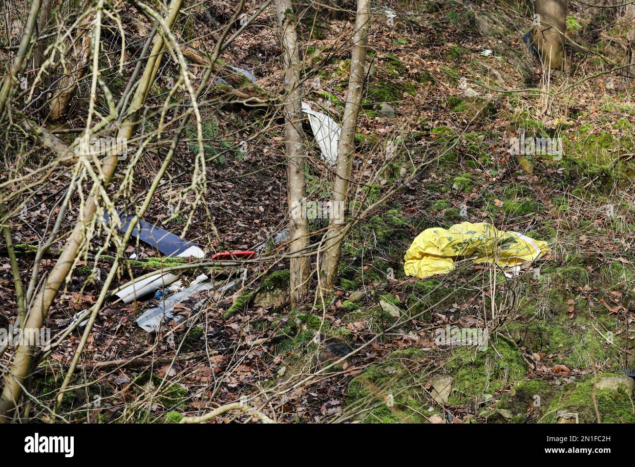 I rifiuti hanno fatto il loro ingresso in una riserva naturale di Woodland, County Durham, Regno Unito Foto Stock