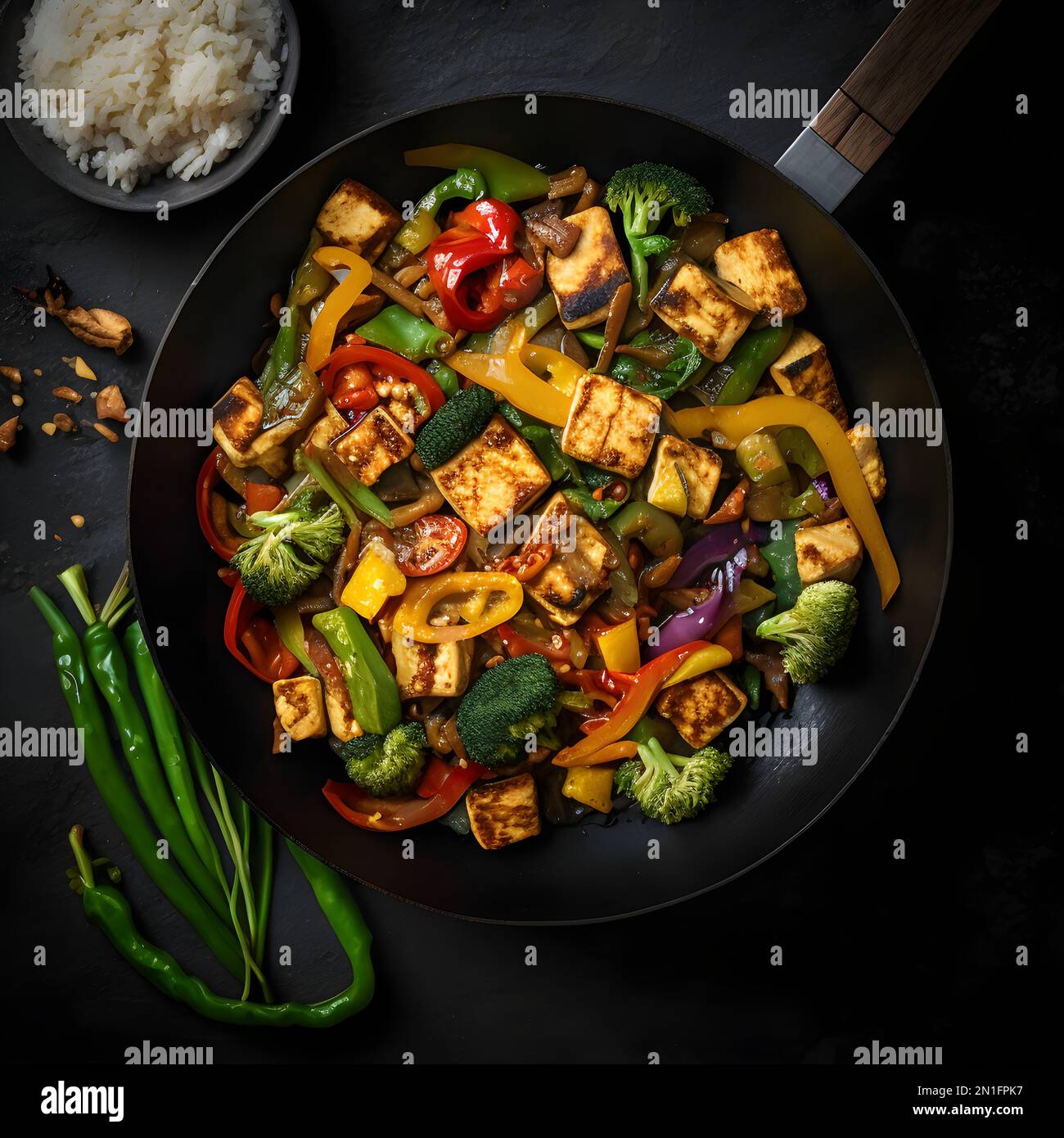 Gustoso tofu soffriggere con verdure, tofu croccante e coriandolo fresco. Pasto vegano perfetto per un'alimentazione sana. Ideale per blog e libri di cucina. Foto Stock