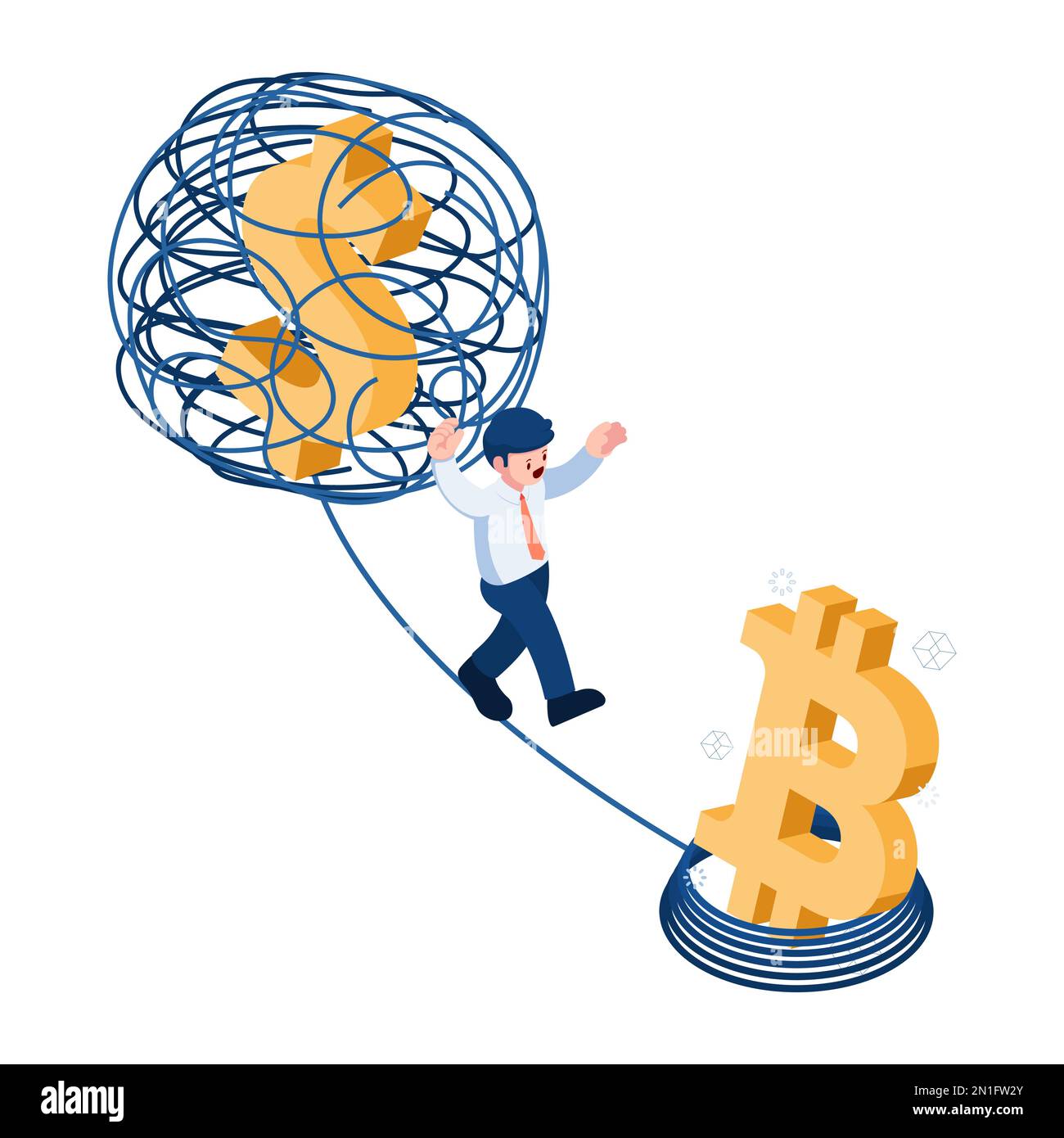 Flat 3D Isometrica Bitcoin riorganizza la linea aggrovigliata dal simbolo del dollaro. Bitcoin e Cryptocurrency Concept. Illustrazione Vettoriale