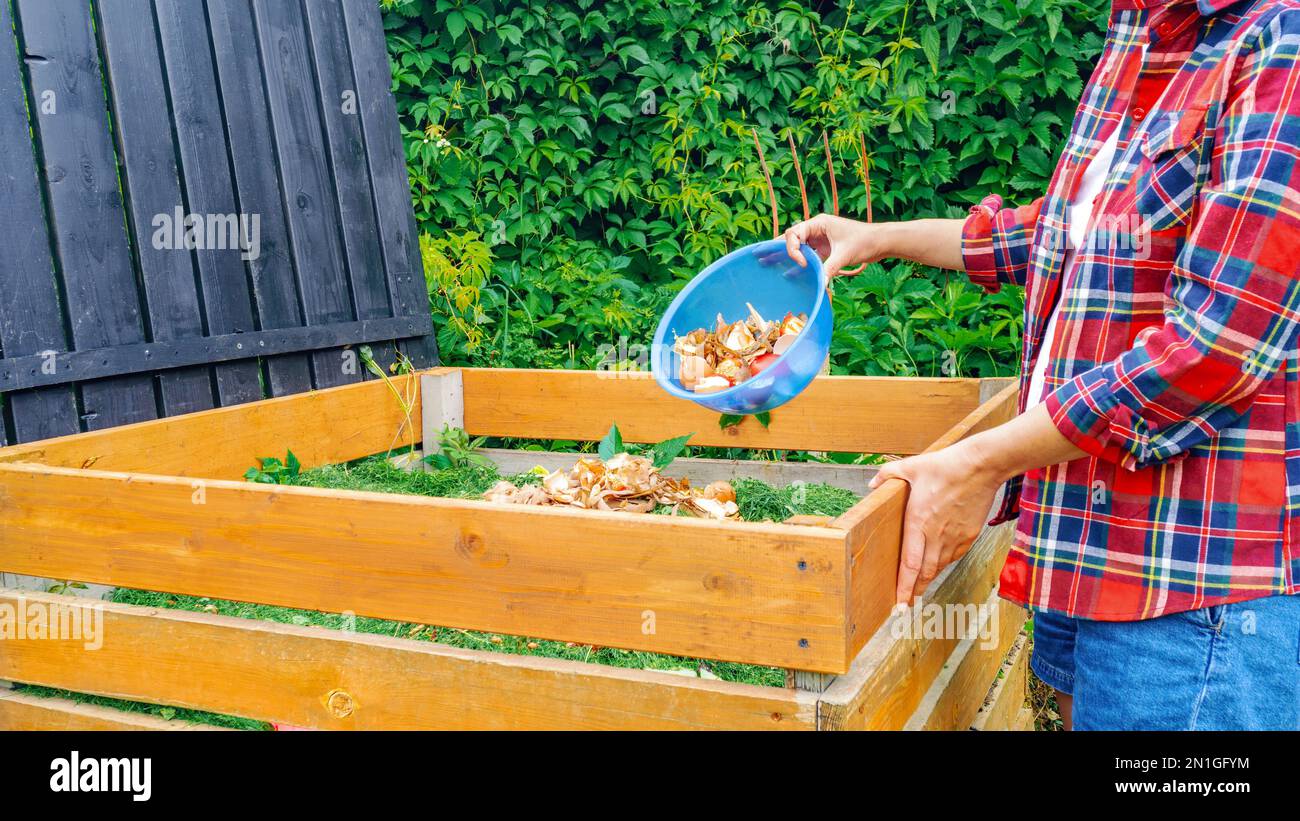 Primo piano del contenitore di compost in legno fatto a mano. Una donna in una maglietta a quadri getta i rifiuti alimentari in un bidone per compost fai da te. Preparazione di composto da spreco organico per Foto Stock