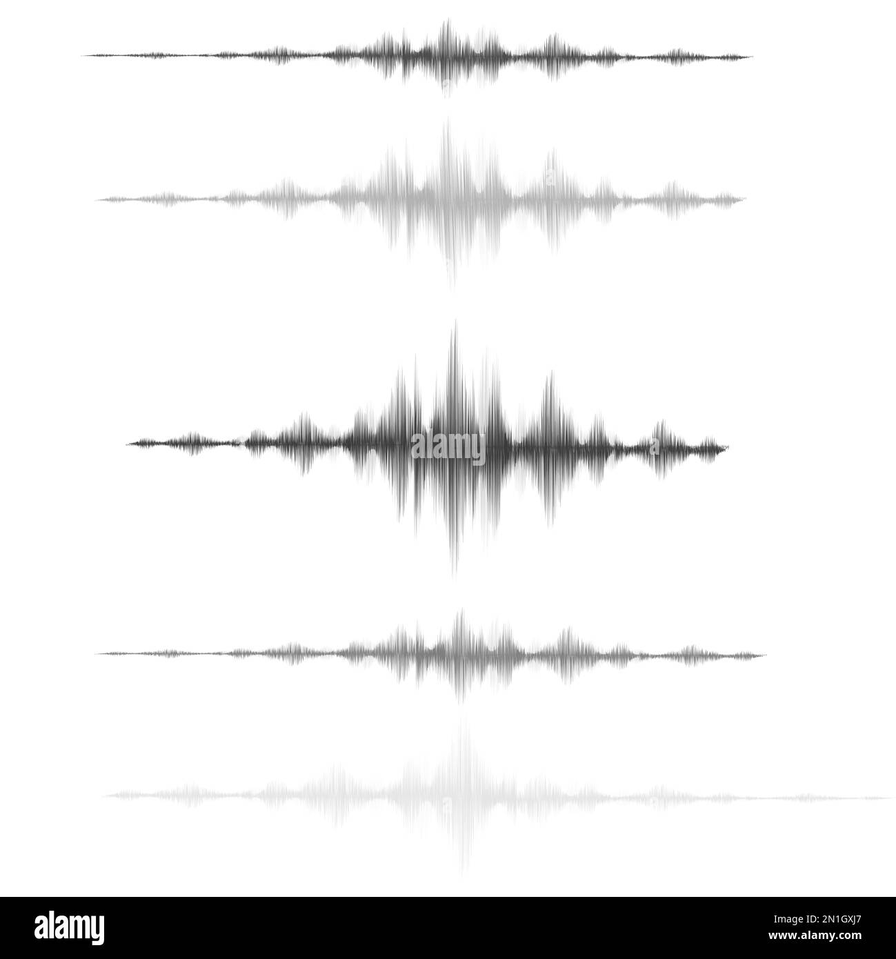 Sismogrammi da terremoto, 5 tipi diversi di sismogrammi rivelatore da terremoto, su sfondo bianco Foto Stock