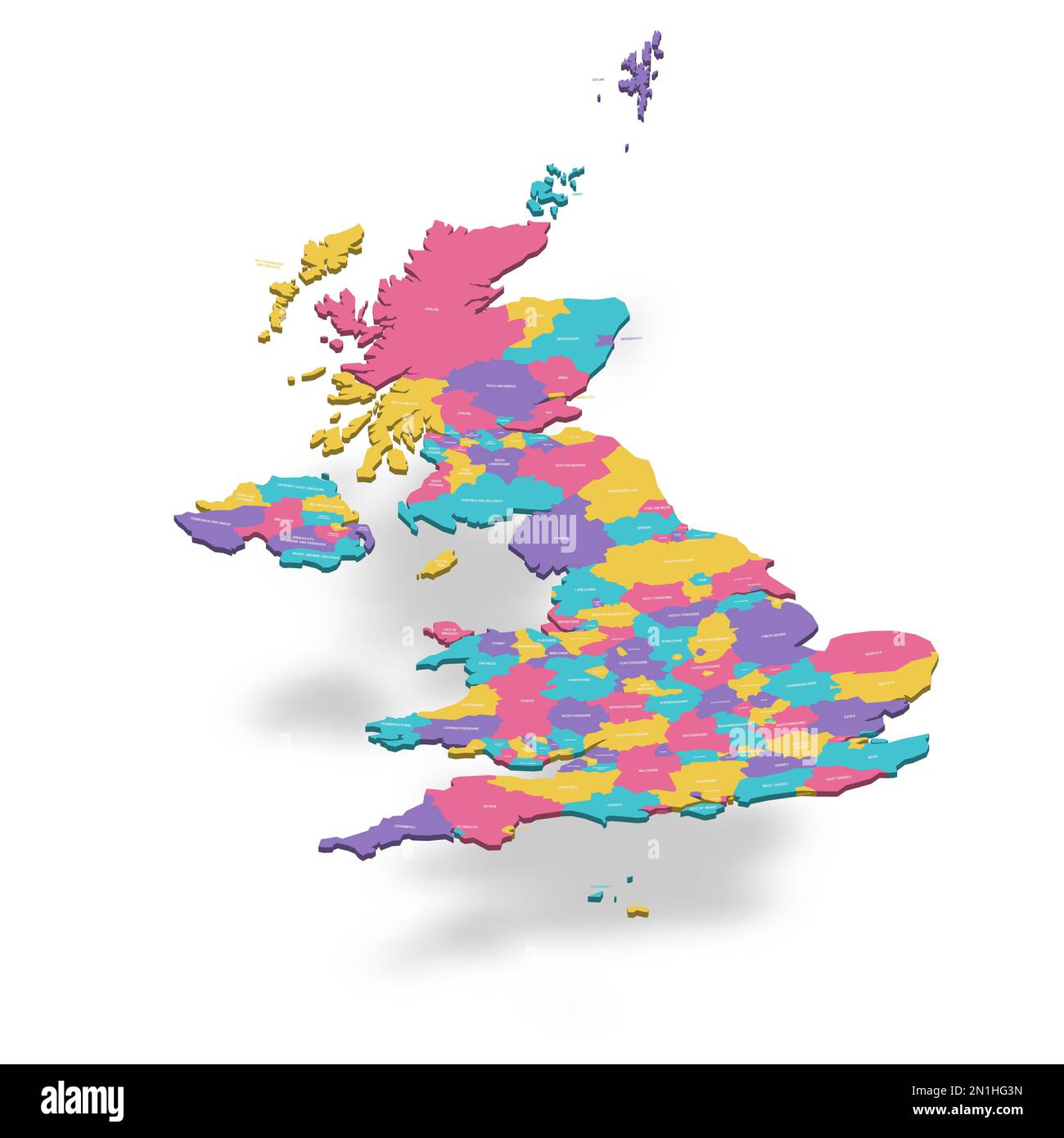 Regno Unito di Gran Bretagna e Irlanda del Nord Mappa politica delle divisioni amministrative: Contee, autorità unitarie e Greater London in Inghilterra, distretti dell'Irlanda del Nord, aree del consiglio della Scozia e contee, distretti e città del Galles. Mappa vettoriale a colori 3D con etichette dei nomi. Illustrazione Vettoriale