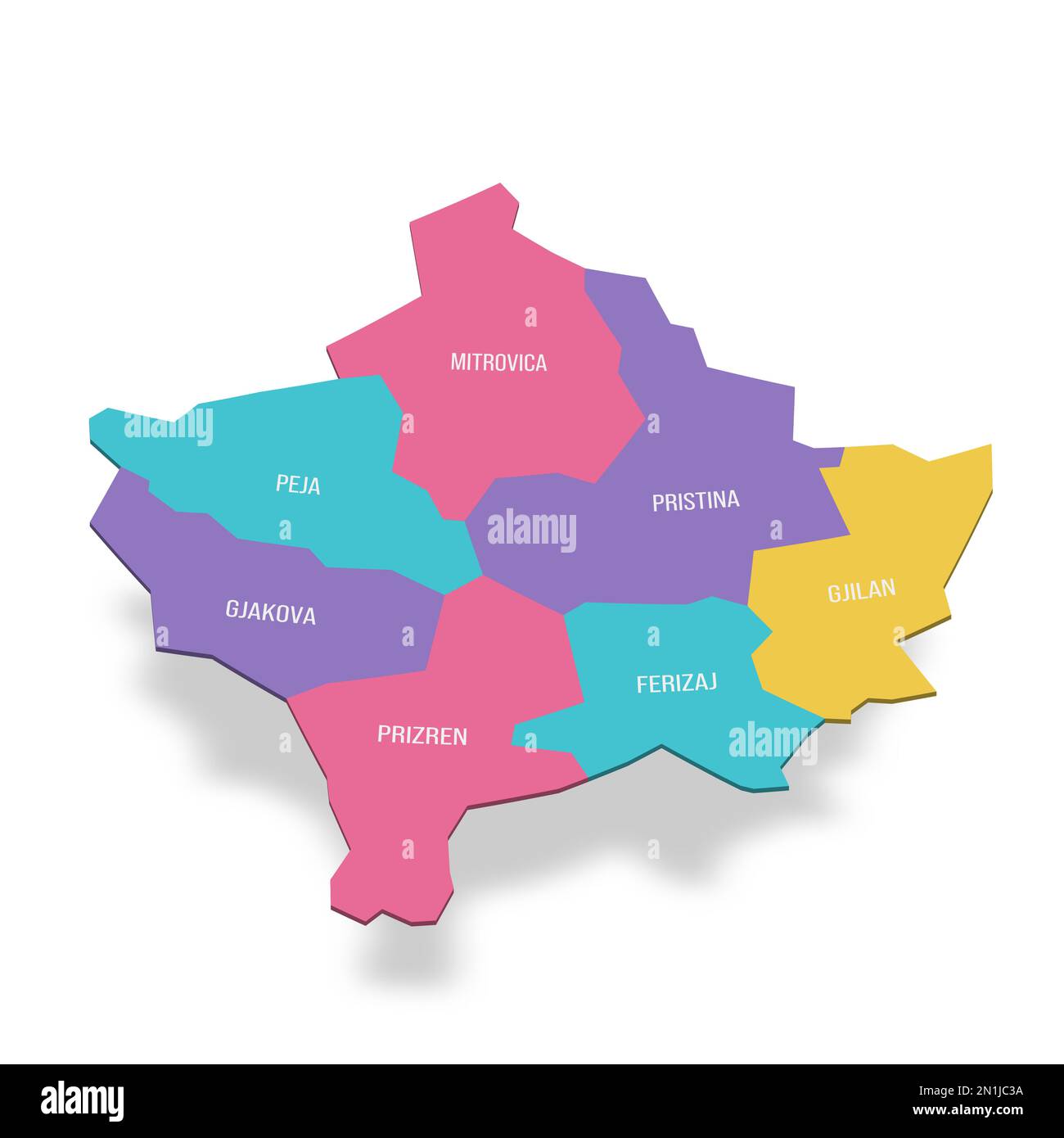 Mappa politica del Kosovo delle divisioni amministrative - distretti. Mappa vettoriale a colori 3D con etichette dei nomi. Illustrazione Vettoriale