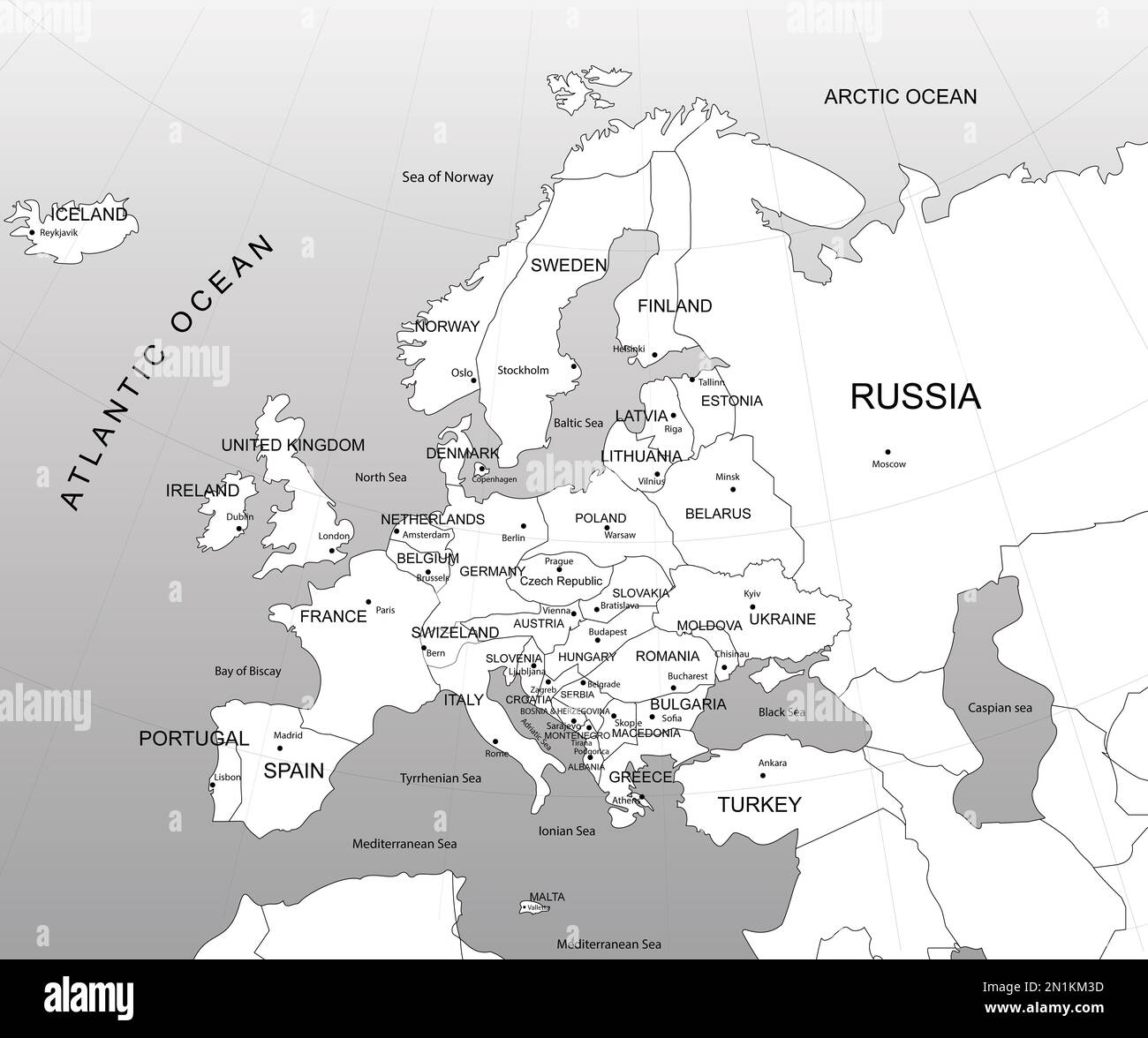 Mappa politica dell'Europa occidentale. Illustrazione in bianco e nero Foto stock - Alamy