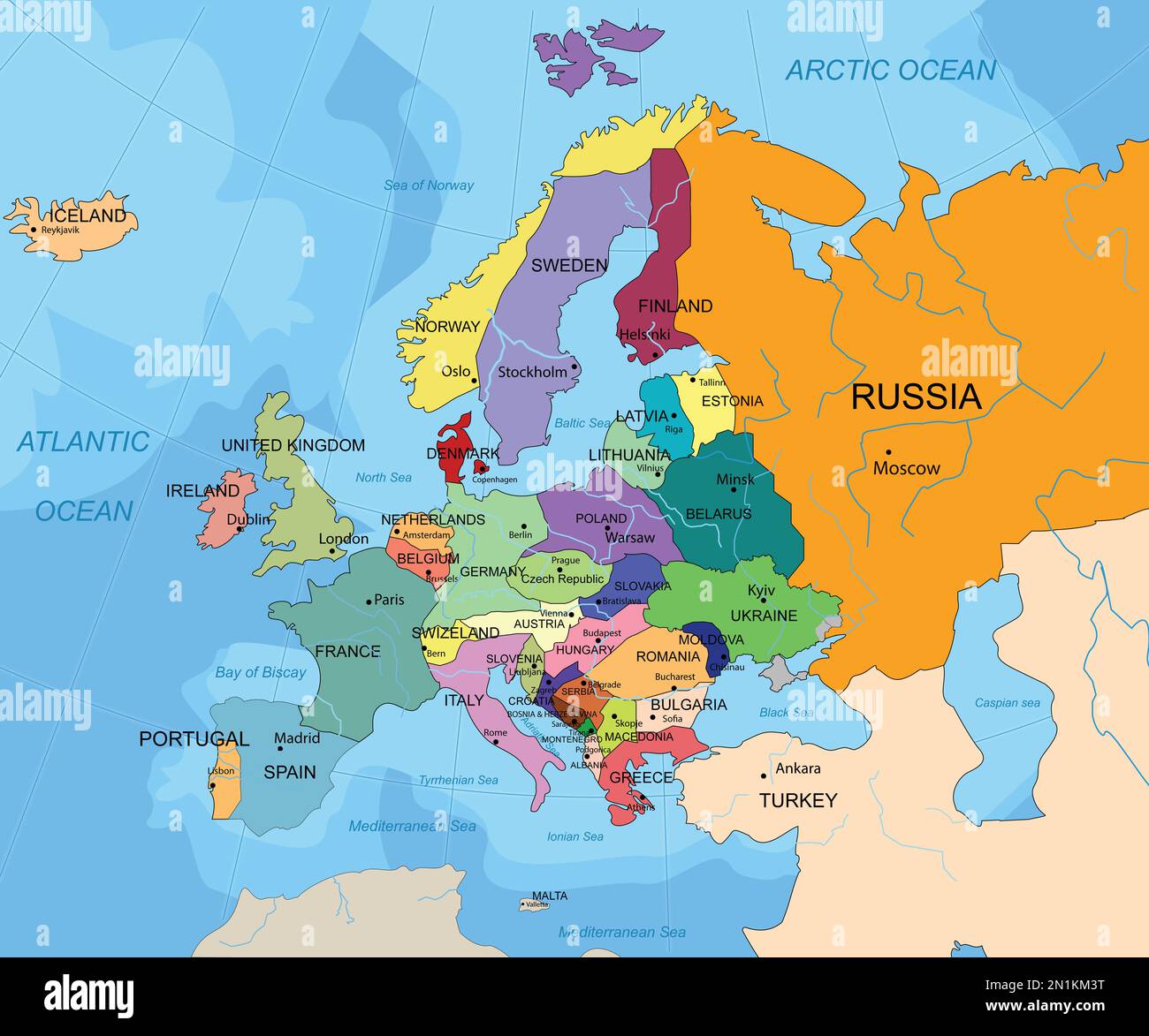 Mappa politica dell'Europa occidentale. Illustrazione a colori Foto Stock