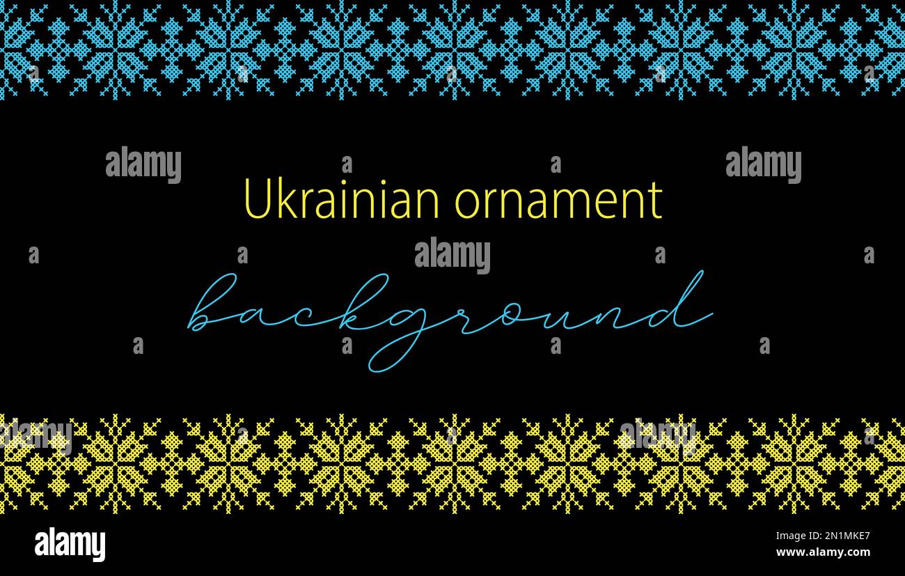 Sfondo vettoriale ucraino, banner, poster.folk tradizionale, ornamento etnico. Bordo nei colori giallo e blu bandiera Ucraina. Pixel art, vyshyvanka Illustrazione Vettoriale