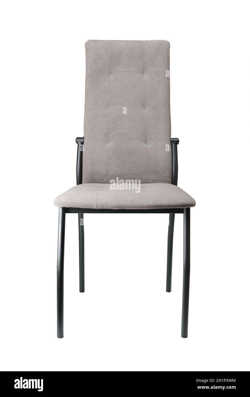 Nuova sedia grigia moderna isolata su bianco. Vista frontale. Foto Stock