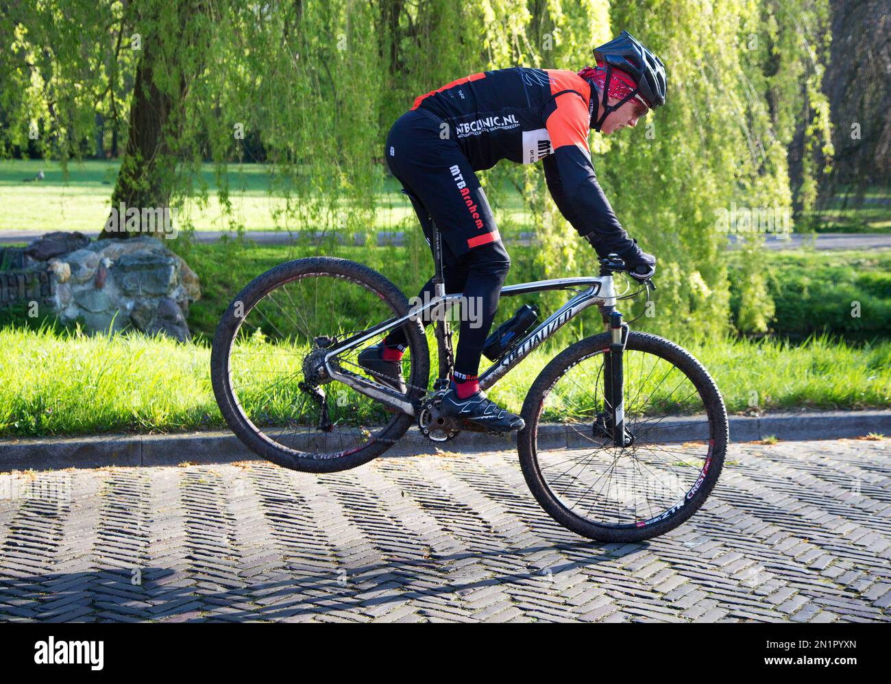 Paesi Bassi, un ciclista su una mountain bike mostra la forza quando usa solo il suo freno anteriore. Foto Stock