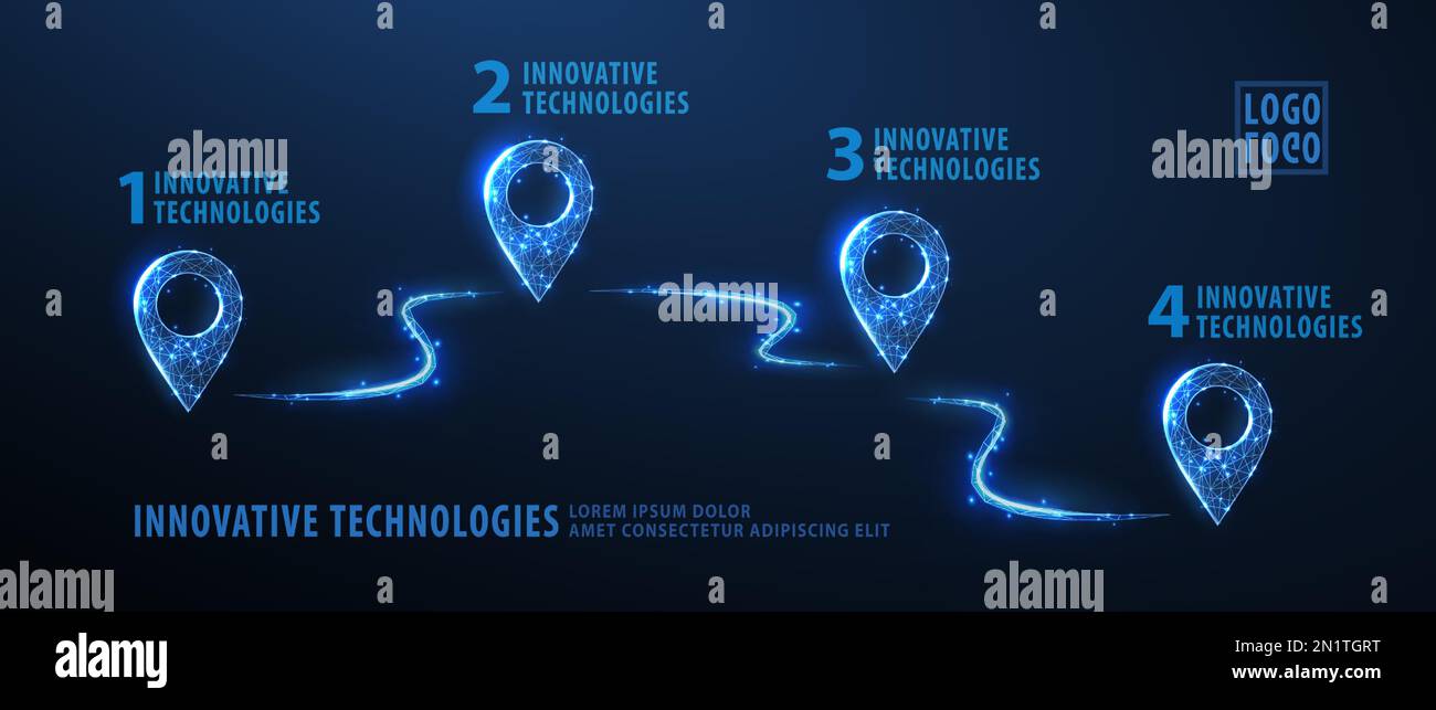 Roadmap. Infografica con quattro icone a spillo e curve che indicano il percorso. Diagramma dell'evoluzione aziendale, grafico della crescita, infografica sui processi di formazione Illustrazione Vettoriale