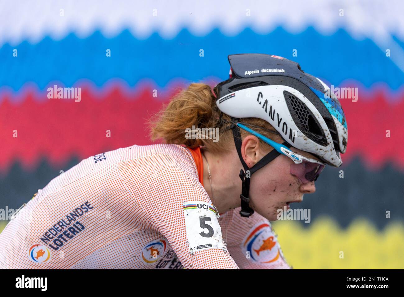 Hoogerheide, Paesi Bassi. , . ELITE WOMEN, #5, PuckPIETERSE dei Paesi Bassi, secondo classificato nella gara, UCI World Championship Cyclo-cross Hoogerheide 2023 nei Paesi Bassi, ciclismo, fuoristrada, UCI Cyclocross World Championships, a Hoogerheide, Paesi Bassi Sabato 04 febbraio 2023. Foto e copyright Fabien BOUKLA/ATP immagini. (BOUKLA Fabien/ATP/SPP) Credit: SPP Sport Press Photo. /Alamy Live News Foto Stock