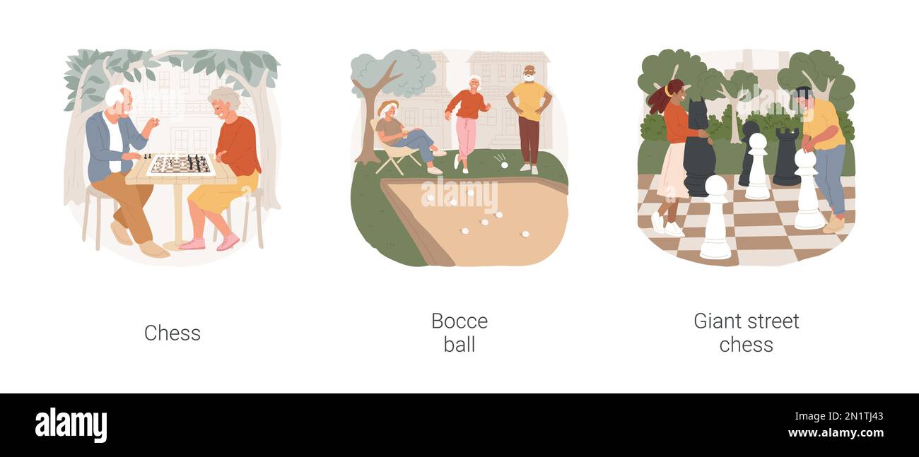 Giochi di comunità isolato cartone animato vettore illustrazione set. Persone anziane che giocano a scacchi nel parco, gioco di palla bocce, persone diverse che si muovono gigantesche figure di scacchi di strada, animazione vettore di ricreazione all'aperto. Illustrazione Vettoriale