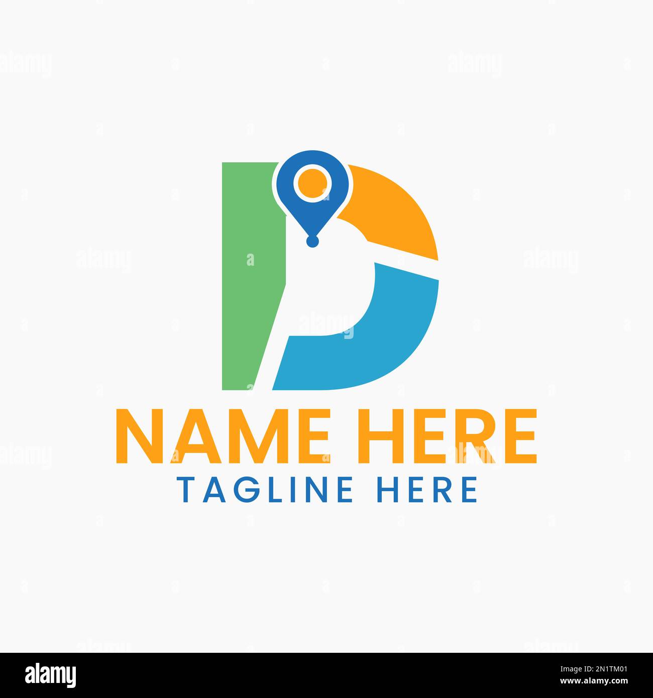 Concetto di logo della posizione lettera D con simbolo GPS, modello di icona a forma di spillo Illustrazione Vettoriale