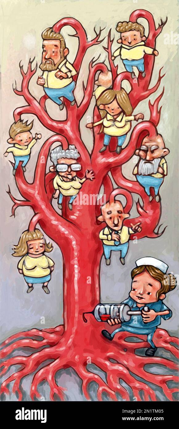 Arte: Albero a forma di vene, con le persone come germogli, essendo nutriti da un'infermiera, illustrando il concetto che la cura è la linfa vitale della professione infermieristica. Foto Stock
