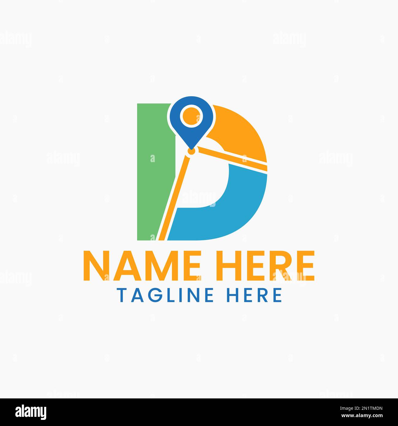 Concetto di logo della posizione lettera D con simbolo GPS, modello di icona a forma di spillo Illustrazione Vettoriale