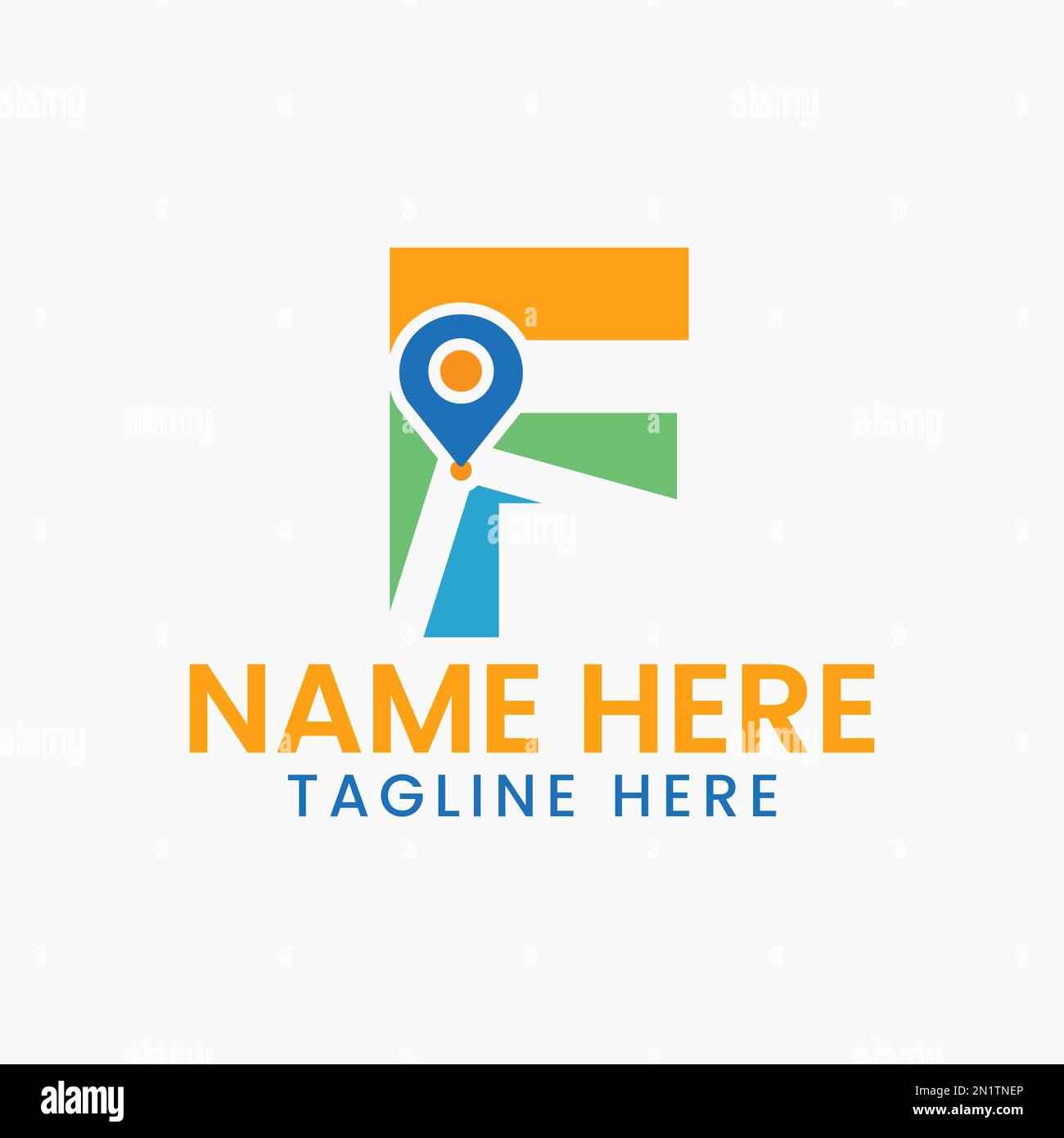 Concetto di logo di posizione lettera F con simbolo GPS, modello di icona a forma di spillo Illustrazione Vettoriale