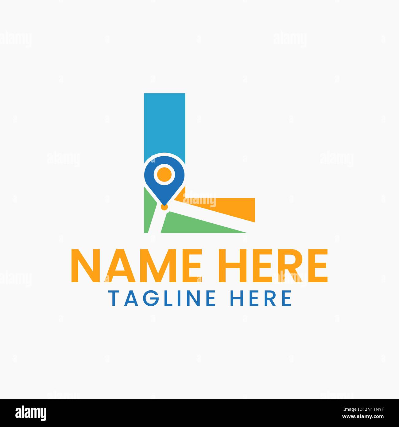 Concetto di logo della posizione lettera L con simbolo GPS, modello di icona a forma di spillo Illustrazione Vettoriale