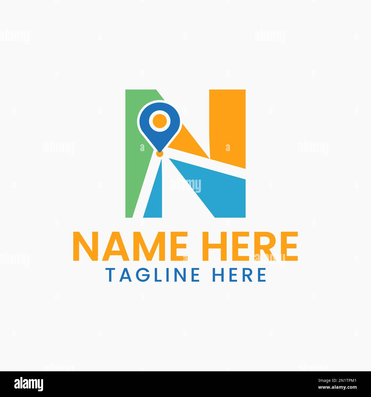 Concetto di logo con posizione lettera N con simbolo GPS, modello di icona a forma di spillo Illustrazione Vettoriale
