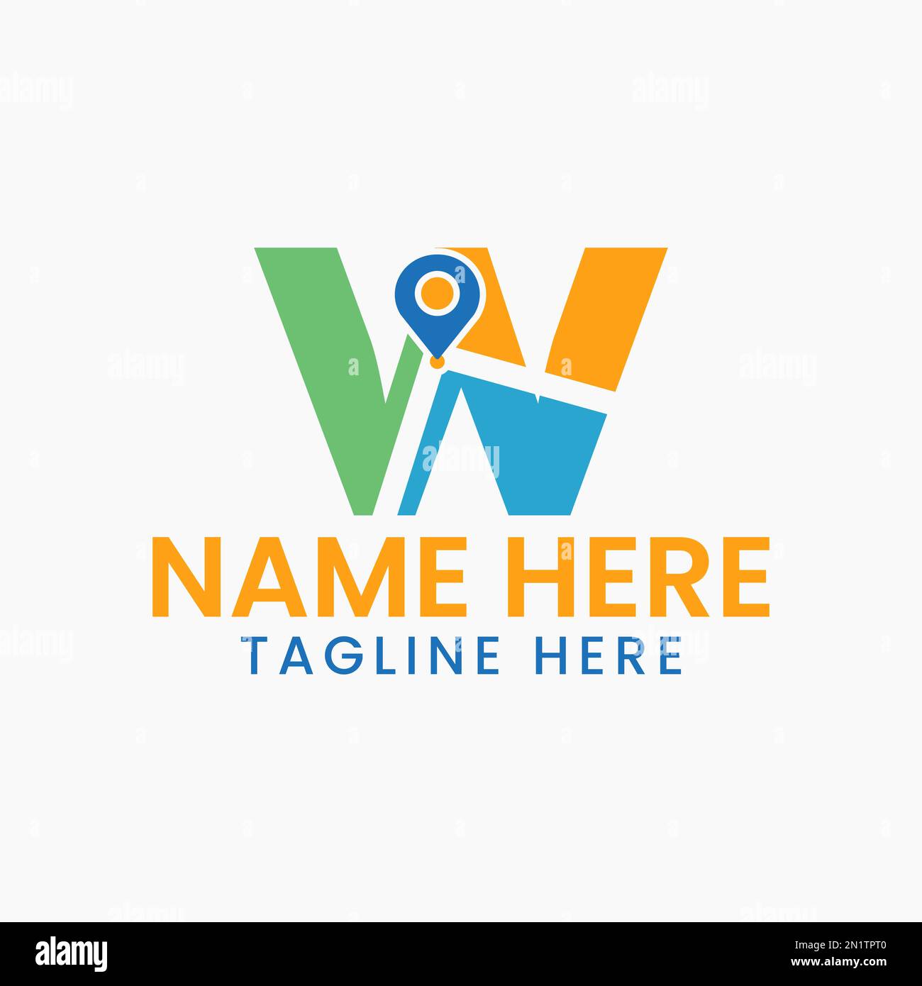 Concetto del logo della posizione lettera W con simbolo GPS, modello di icona a forma di spillo Illustrazione Vettoriale