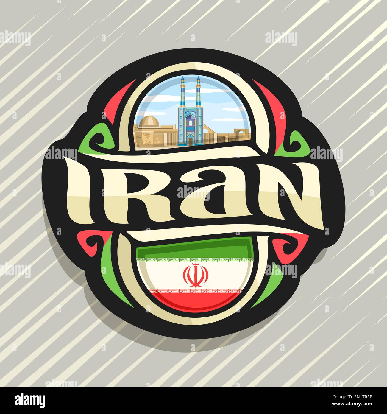 Il logo del vettore per l'Iran paese, frigo magnete con stato iraniano bandiera, spazzola originale carattere tipografico per parola iran e National Iranian simbolo - famoso blue J Illustrazione Vettoriale