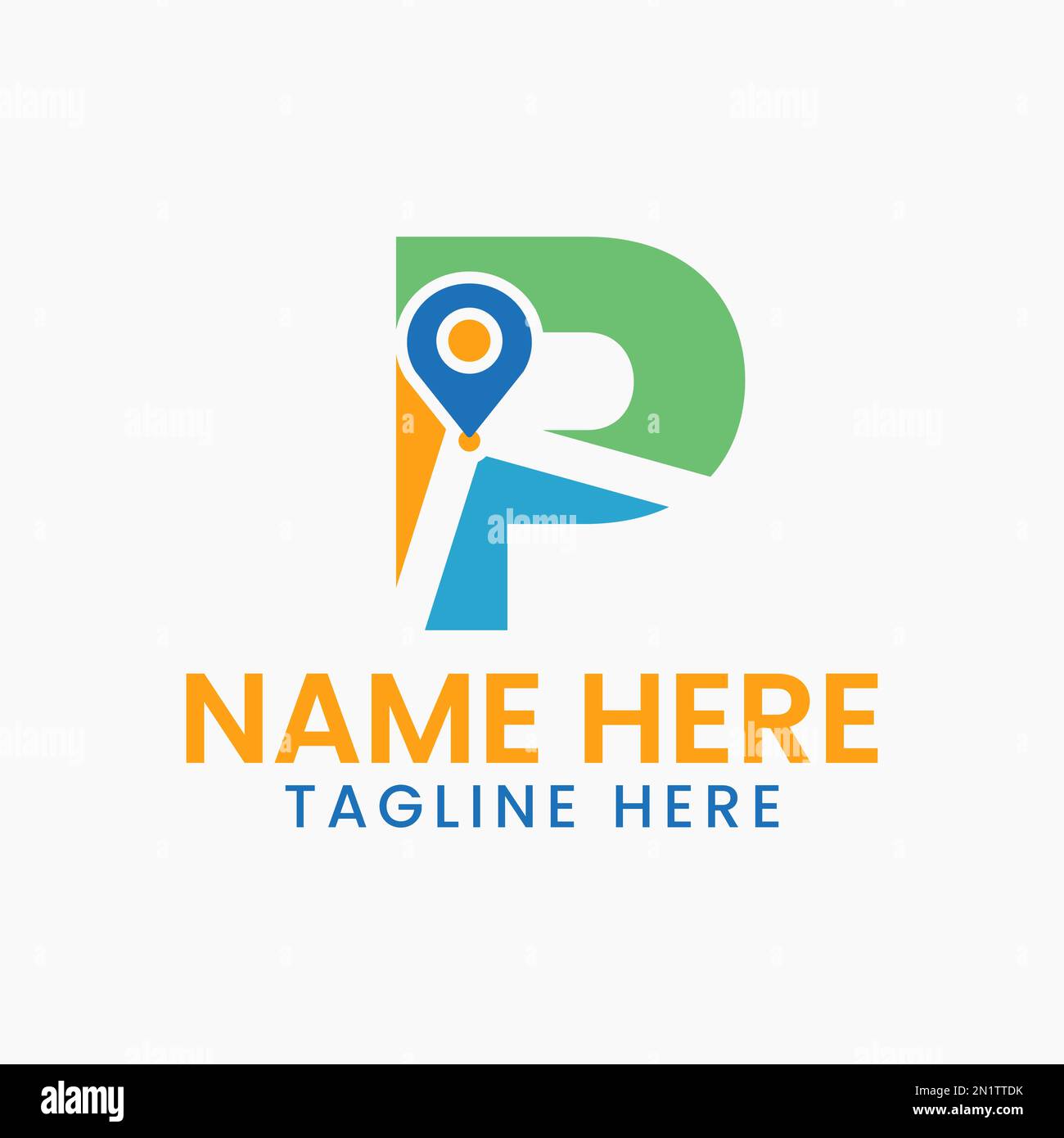 Concetto di logo con posizione lettera P con simbolo GPS, modello di icona a forma di spillo Illustrazione Vettoriale