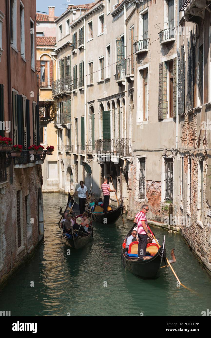 Italia, Venezia, gondola sul canale vicino al ponte di Rialto. Foto Stock