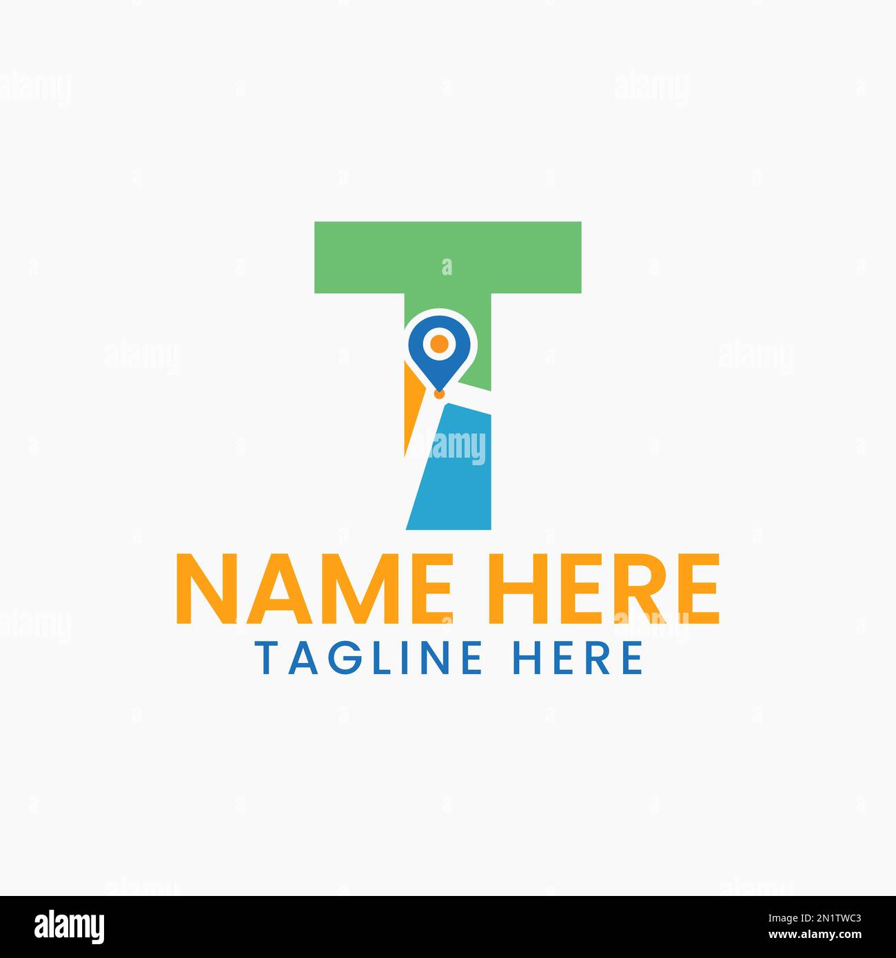 Concetto di logo con posizione lettera T con simbolo GPS, modello di icona a forma di spillo Illustrazione Vettoriale