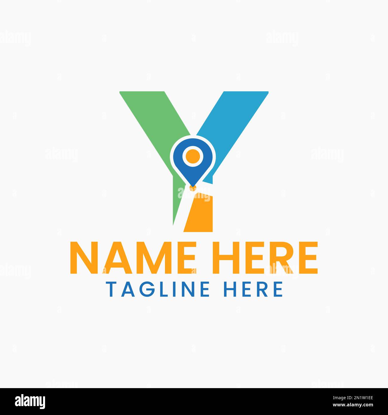 Concetto del logo della posizione lettera Y con simbolo GPS, modello di icona a forma di spillo Illustrazione Vettoriale