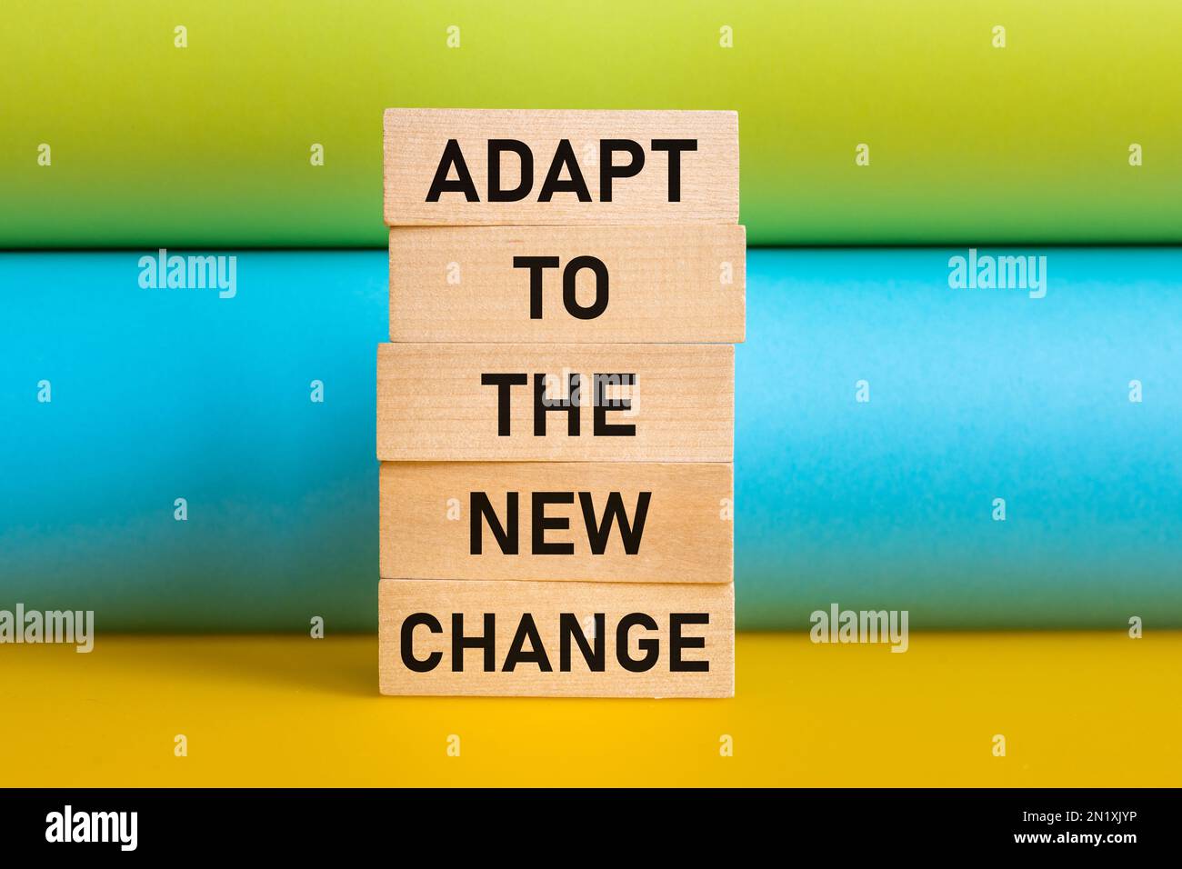 Adattarsi al nuovo cambiamento, scritto su blocchi di legno, sfondo colorato, adattarsi rapidamente ai cambiamenti, nuovo business, situazioni di vita, cambiamenti di mercato, op Foto Stock