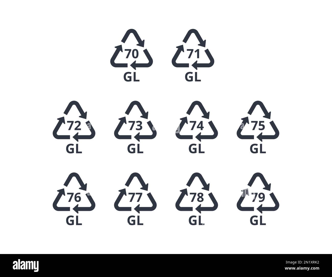 Set di icone di riciclaggio per vetro. Concetto di ecologia e confezionamento. Illustrazione Vettoriale