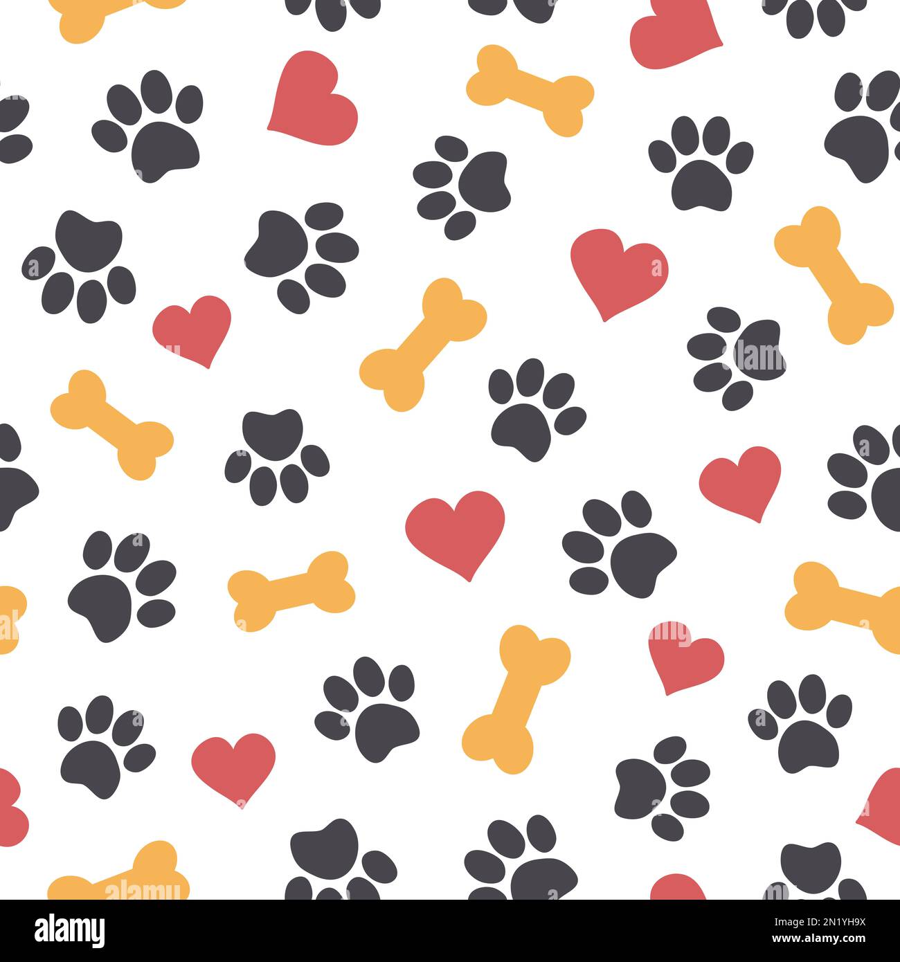 Carino modello senza cuciture con zampe, ossa e cuori di animali domestici. Può essere utilizzato per sfondi, confezioni, biglietti, patter Foto Stock