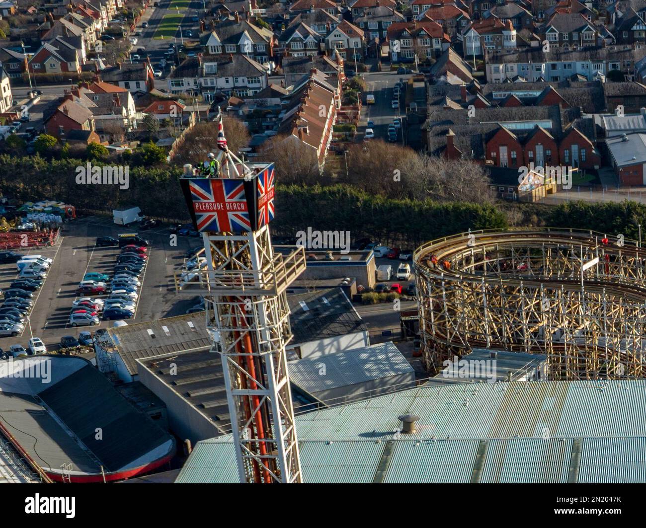 Blackpool Pleasure Beach BPB Aerial Update chiuso la stagione 2023, Inc Big One Re Tracking Foto Stock