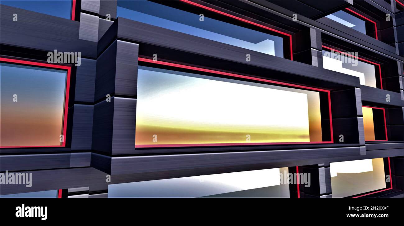 L'elegante e contemporanea finestra degli appartamenti riflette una splendida alba. Cornice rossa come decor dell'esterno dell'edificio. rendering 3d. Foto Stock