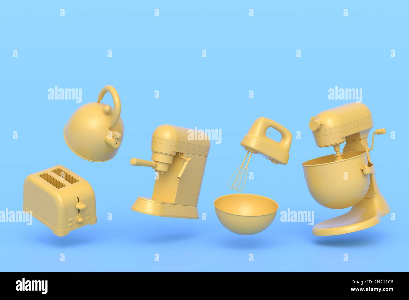 Macchina per caffè espresso, mixer manuale, bollitore e tostapane per preparare la colazione su sfondo monocromatico. 3d rendita di caffettiera per la preparazione di latte cof Foto Stock