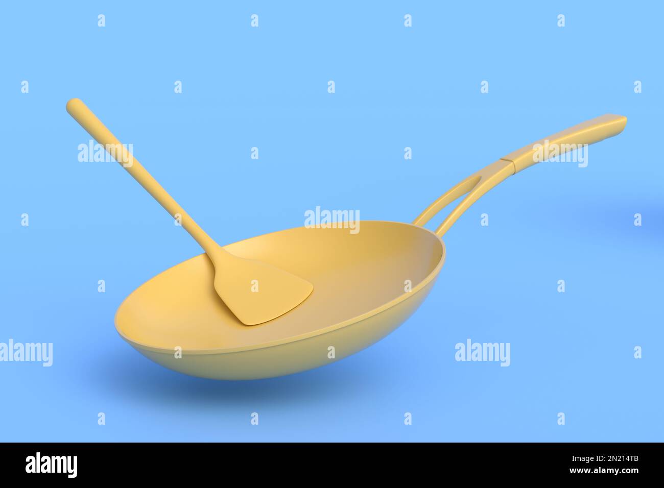 Padella con coperchio in vetro e turner solido in silicone su sfondo monocromatico. 3d render di utensili da cucina antiaderenti Foto Stock