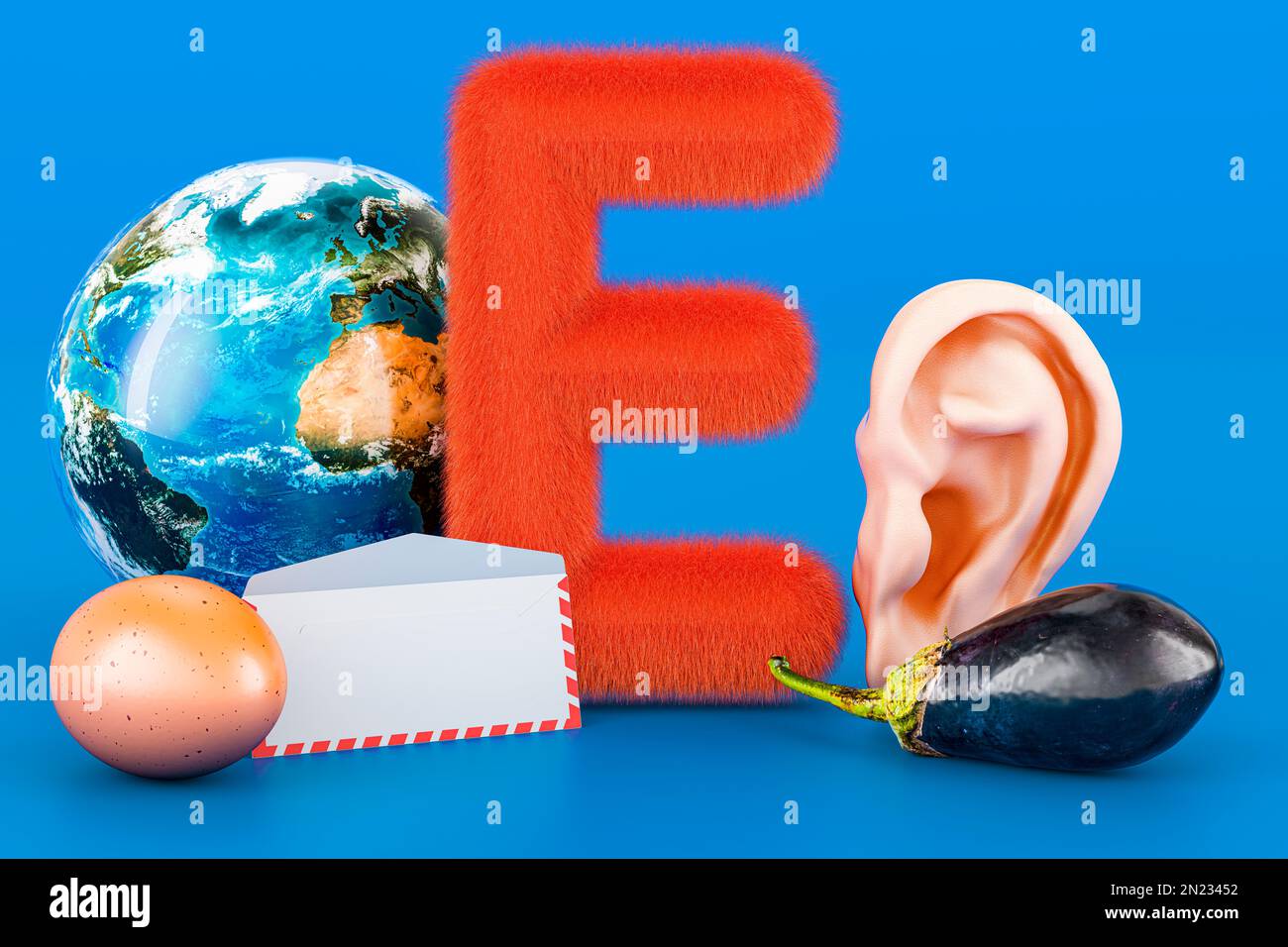 Kids ABC, soffice lettera e con uovo, globo terrestre, busta, melanzana, orecchio. Rendering 3D su sfondo blu Foto Stock