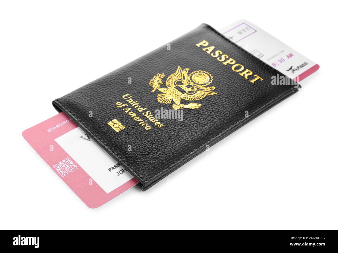 Passaporto e biglietto isolati di colore bianco. Concetto di agenzia di viaggi Foto Stock