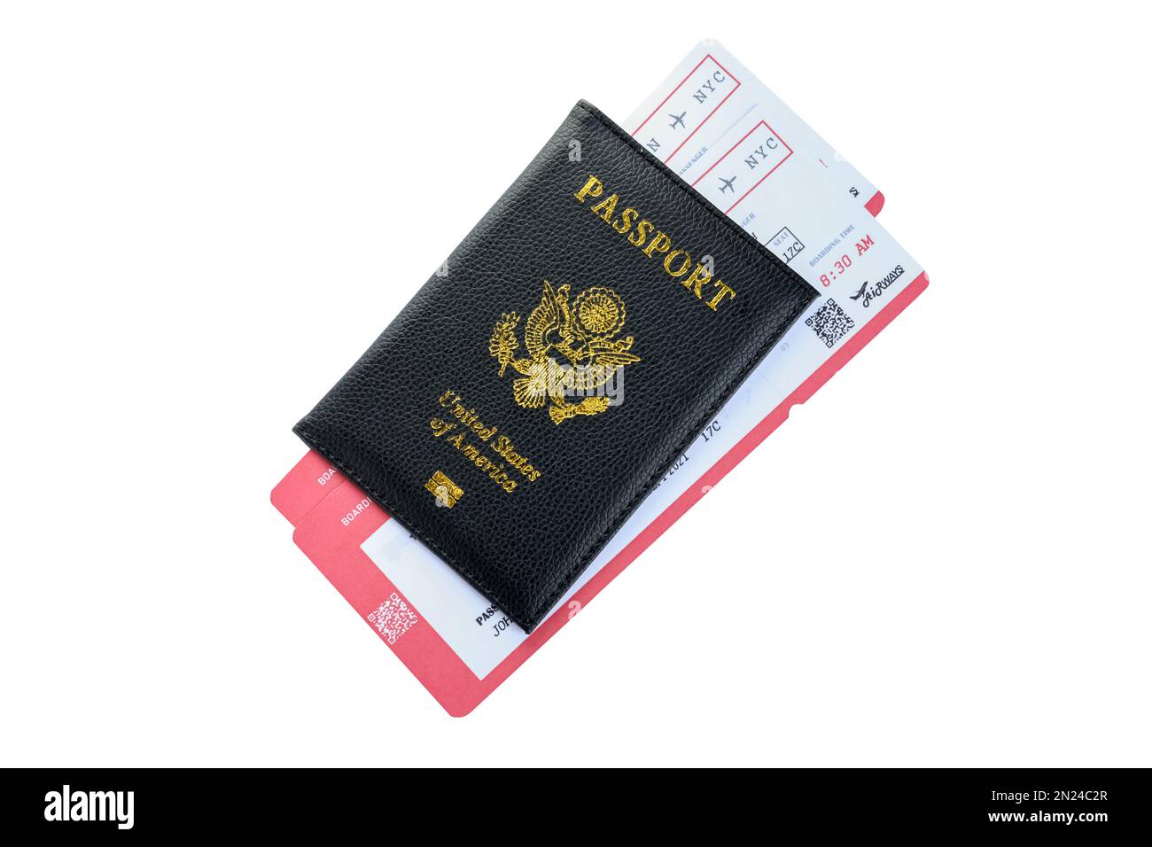 Passaporto e biglietti isolati sulla bianca, vista dall'alto. Concetto di agenzia di viaggi Foto Stock